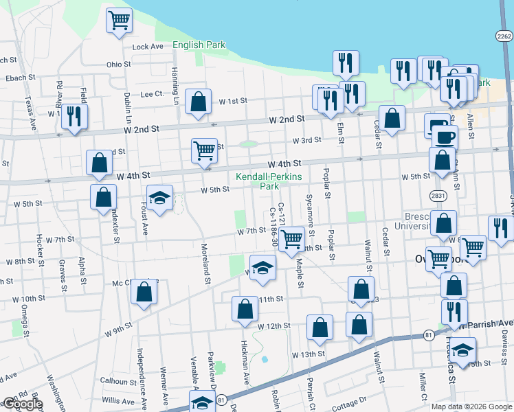 map of restaurants, bars, coffee shops, grocery stores, and more near 527 Orchard Street in Owensboro