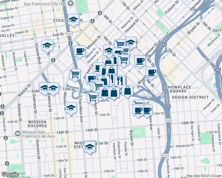 map of restaurants, bars, coffee shops, grocery stores, and more near 396 12th Street in San Francisco