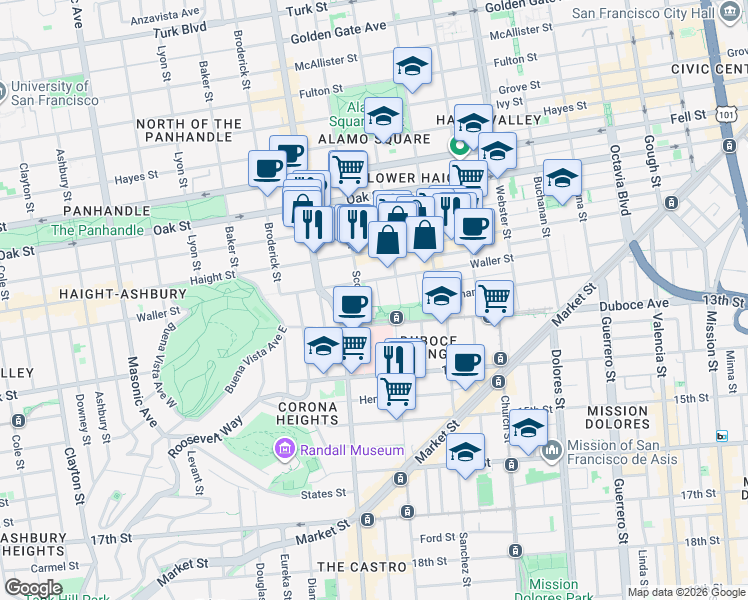 map of restaurants, bars, coffee shops, grocery stores, and more near 57 Carmelita Street in San Francisco