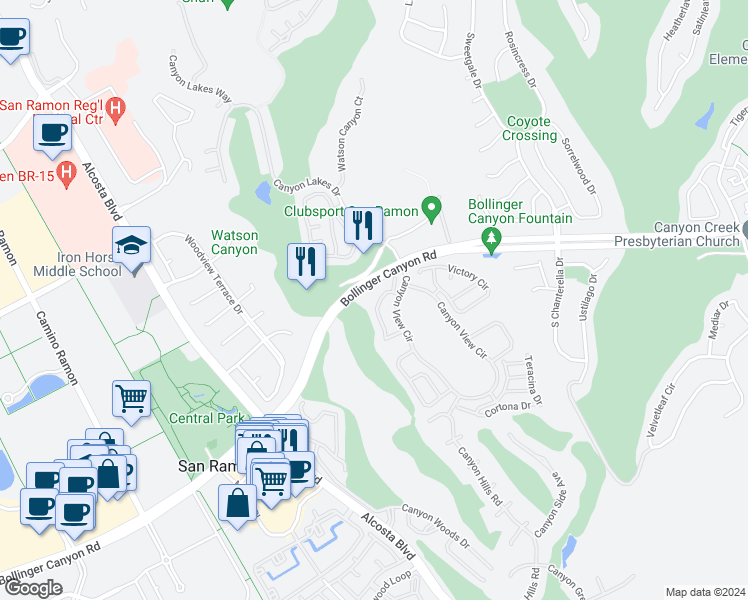 map of restaurants, bars, coffee shops, grocery stores, and more near 156 Copper Ridge Road in San Ramon