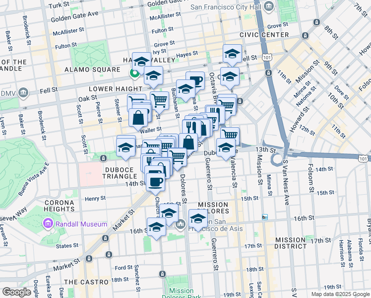 map of restaurants, bars, coffee shops, grocery stores, and more near 8 Buchanan Street in San Francisco