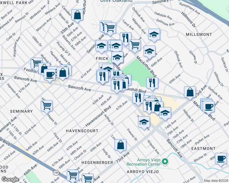 map of restaurants, bars, coffee shops, grocery stores, and more near 6610 Bancroft Avenue in Oakland