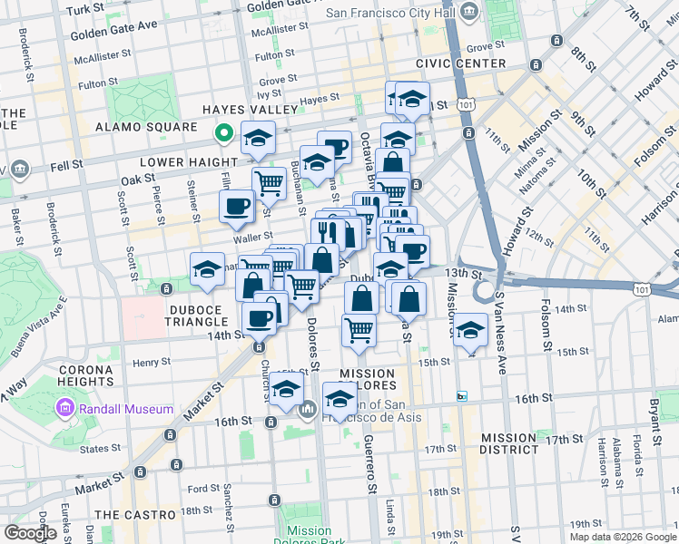 map of restaurants, bars, coffee shops, grocery stores, and more near 1939 Market Street in San Francisco