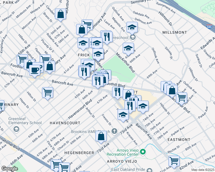 map of restaurants, bars, coffee shops, grocery stores, and more near 6633 Foothill Blvd in Oakland