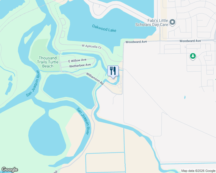 map of restaurants, bars, coffee shops, grocery stores, and more near 1335 Williamson Road in Manteca