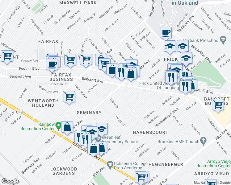 map of restaurants, bars, coffee shops, grocery stores, and more near 2412 Seminary Avenue in Oakland