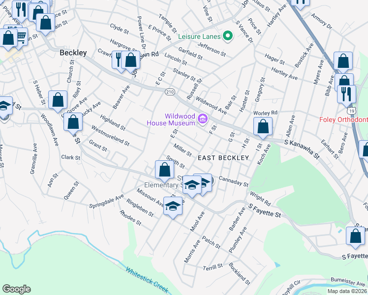 map of restaurants, bars, coffee shops, grocery stores, and more near 115 Miller Street in Beckley
