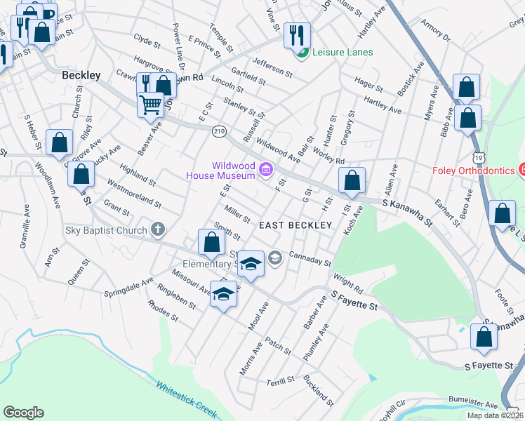 map of restaurants, bars, coffee shops, grocery stores, and more near 301 F St in Beckley