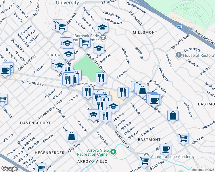 map of restaurants, bars, coffee shops, grocery stores, and more near 6868 Foothill Boulevard in Oakland