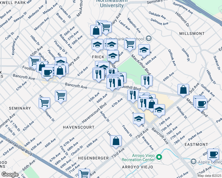 map of restaurants, bars, coffee shops, grocery stores, and more near 6626 Bancroft Avenue in Oakland