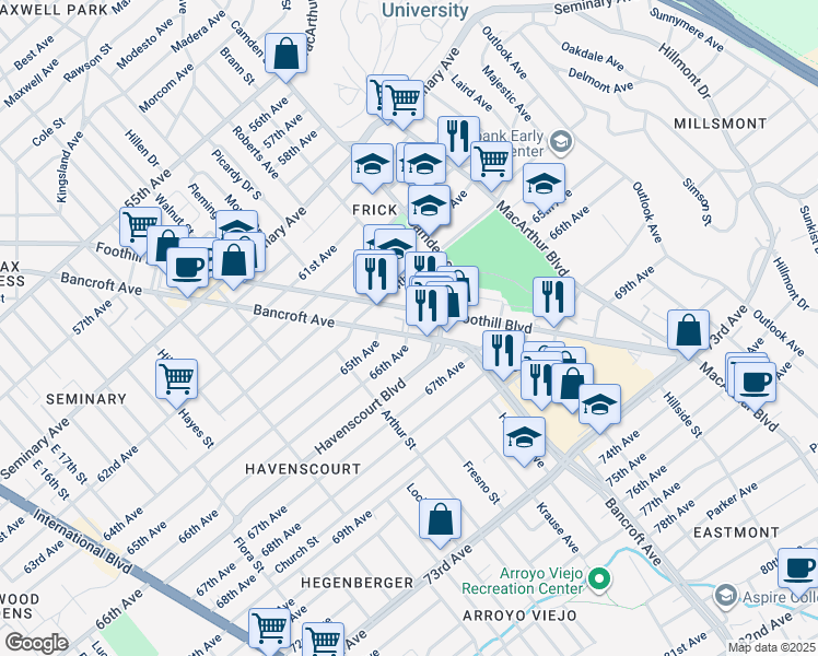 map of restaurants, bars, coffee shops, grocery stores, and more near 6626 Bancroft Avenue in Oakland