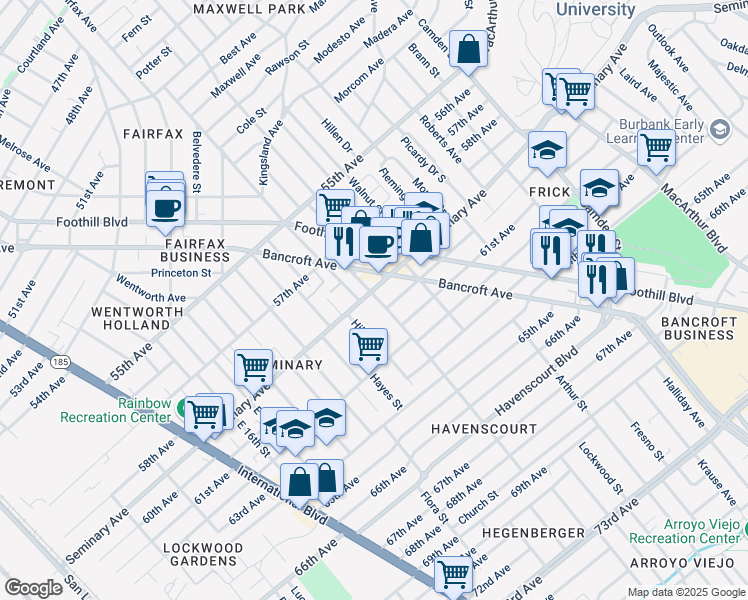 map of restaurants, bars, coffee shops, grocery stores, and more near 2451 60th Avenue in Oakland