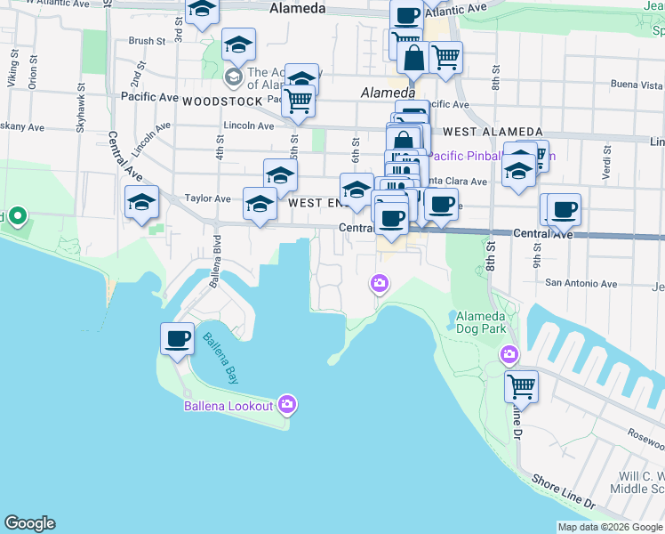 map of restaurants, bars, coffee shops, grocery stores, and more near 568 Queen's Road in Alameda