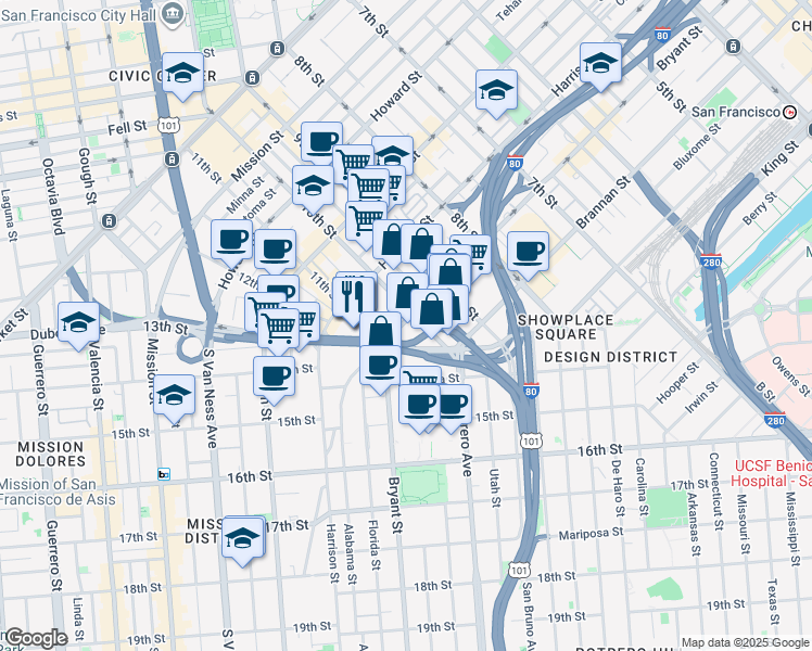 map of restaurants, bars, coffee shops, grocery stores, and more near in San Francisco