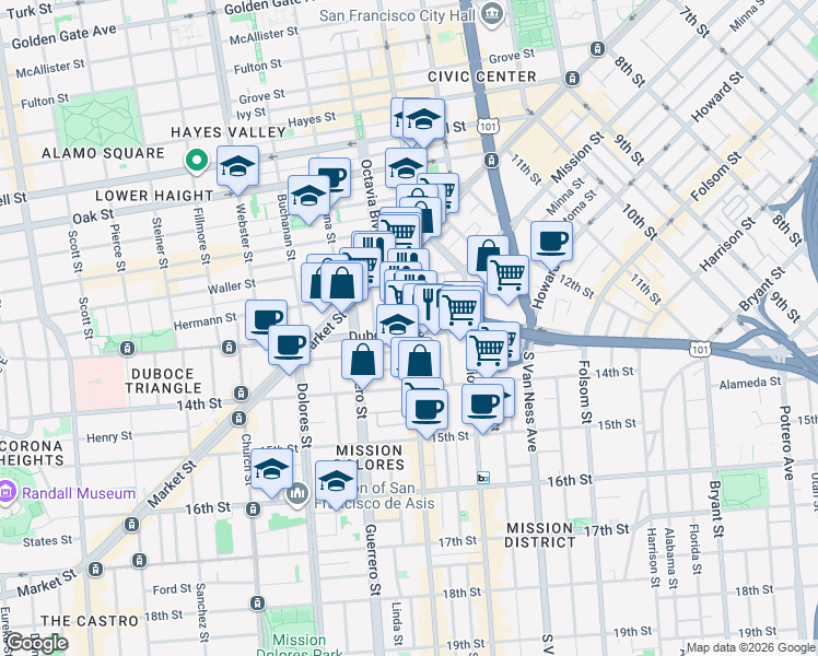 map of restaurants, bars, coffee shops, grocery stores, and more near in San Francisco
