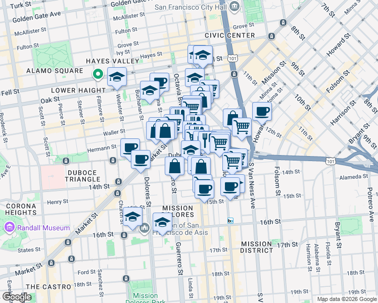 map of restaurants, bars, coffee shops, grocery stores, and more near in San Francisco