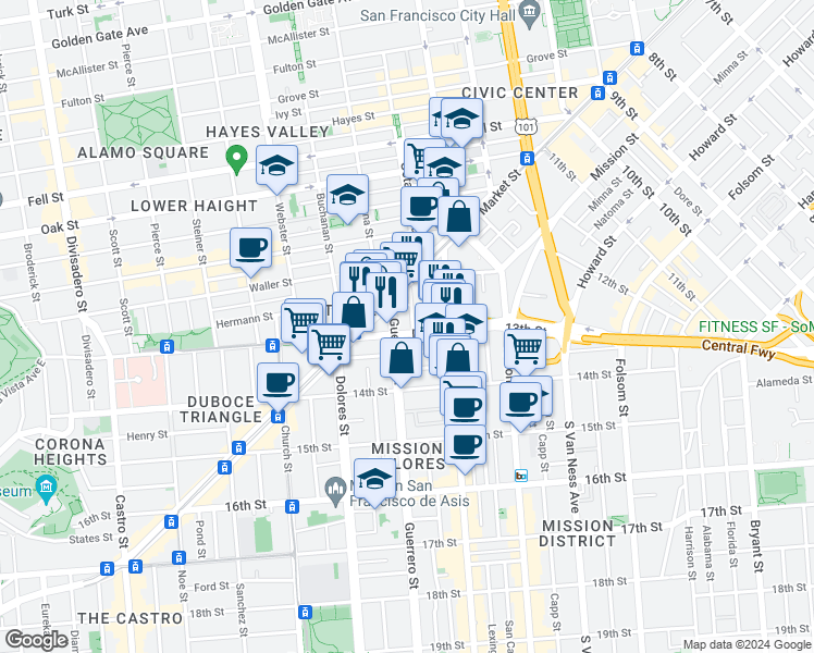 map of restaurants, bars, coffee shops, grocery stores, and more near in San Francisco