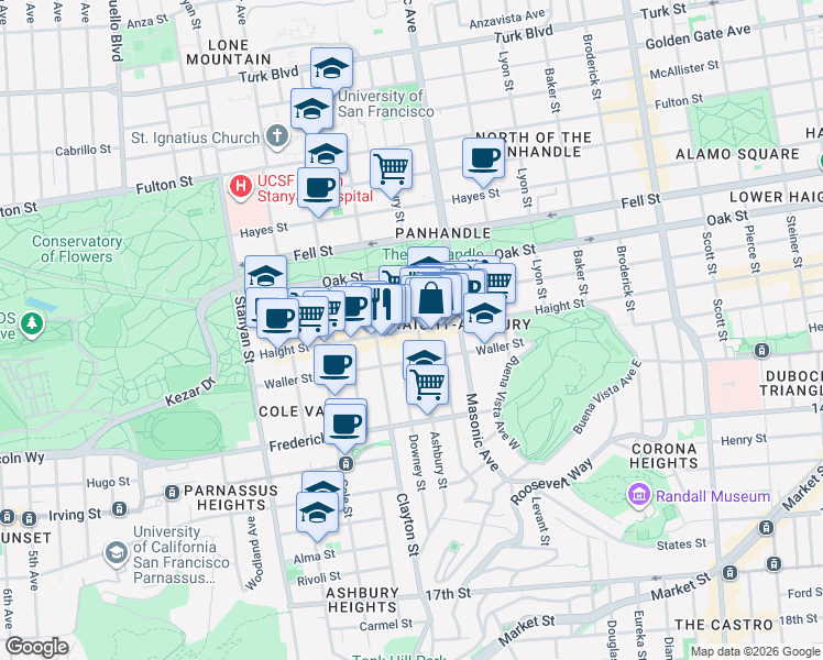 map of restaurants, bars, coffee shops, grocery stores, and more near 1465 Haight Street in San Francisco