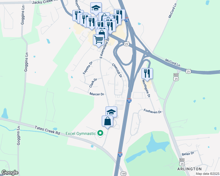 map of restaurants, bars, coffee shops, grocery stores, and more near 275 South Keeneland Drive in Richmond