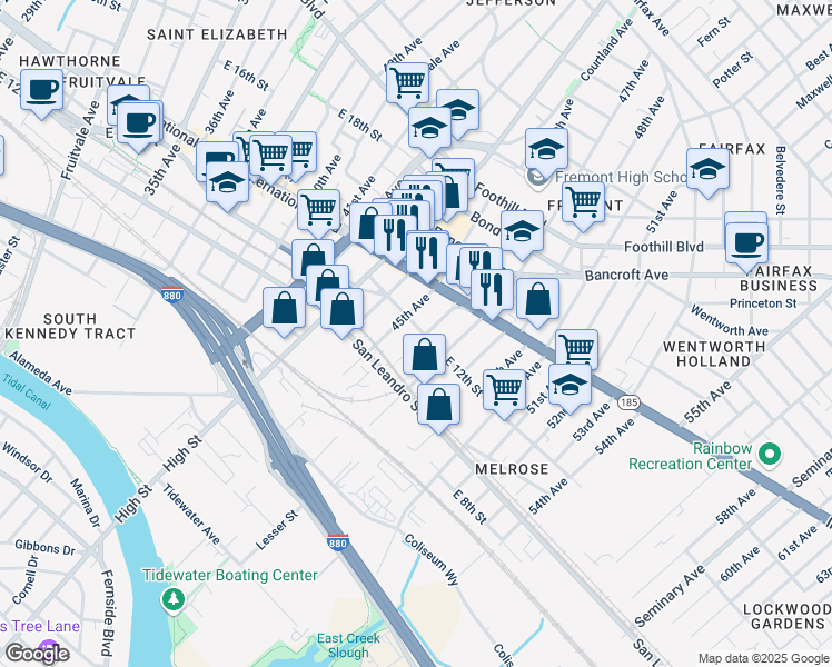 map of restaurants, bars, coffee shops, grocery stores, and more near 4517 East 12th Street in Oakland