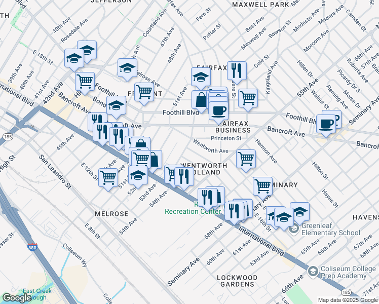 map of restaurants, bars, coffee shops, grocery stores, and more near 5411 Wadean Place in Oakland
