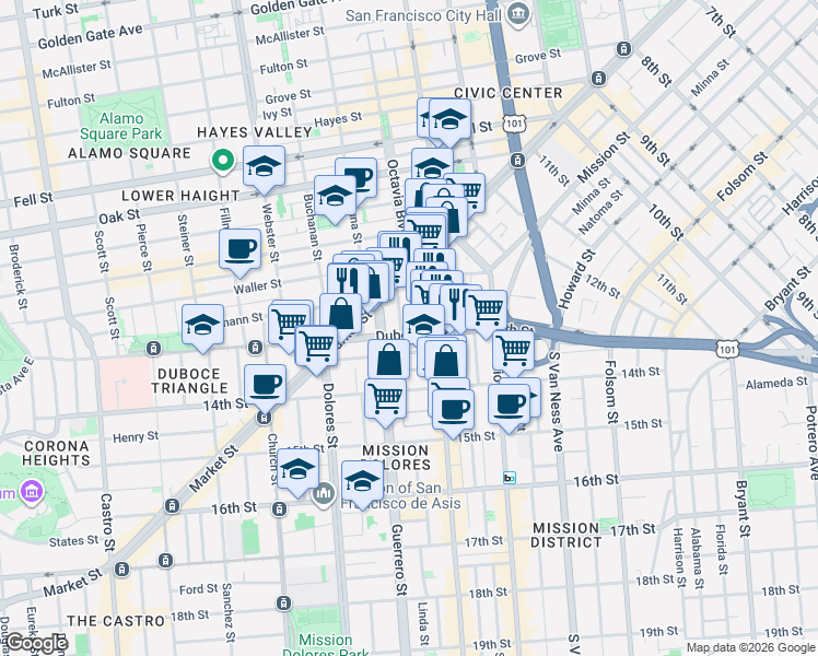 map of restaurants, bars, coffee shops, grocery stores, and more near 140 Duboce Avenue in San Francisco