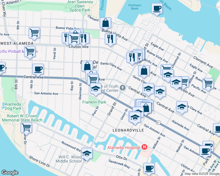 map of restaurants, bars, coffee shops, grocery stores, and more near 1222 Paru Street in Alameda
