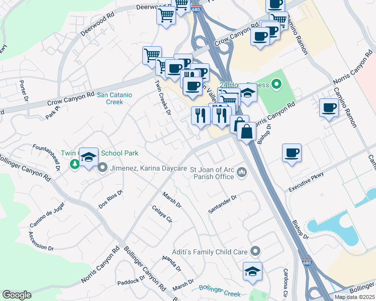 map of restaurants, bars, coffee shops, grocery stores, and more near 2599 Twin Creeks Drive in San Ramon