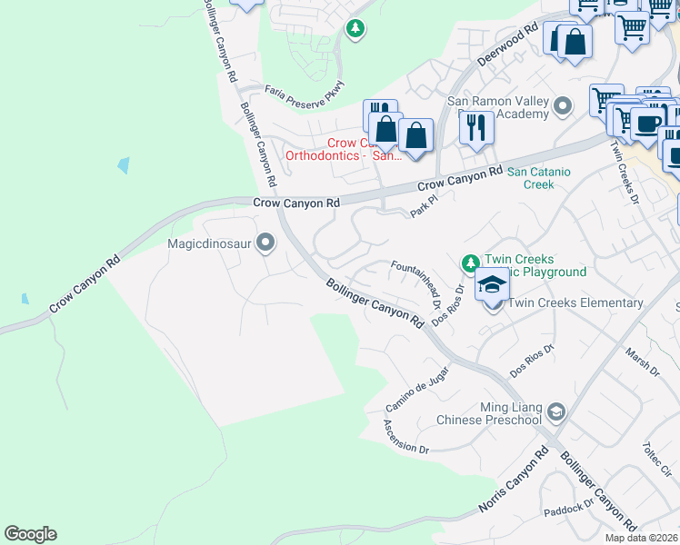 map of restaurants, bars, coffee shops, grocery stores, and more near 121 Enchanted Way in San Ramon