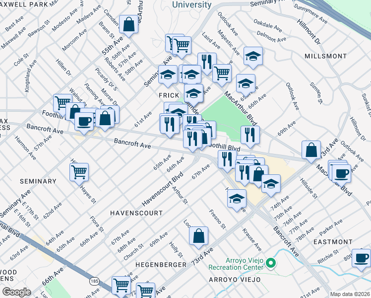 map of restaurants, bars, coffee shops, grocery stores, and more near 6600 Bancroft Avenue in Oakland