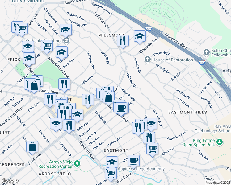 map of restaurants, bars, coffee shops, grocery stores, and more near 2914 73rd Avenue in Oakland