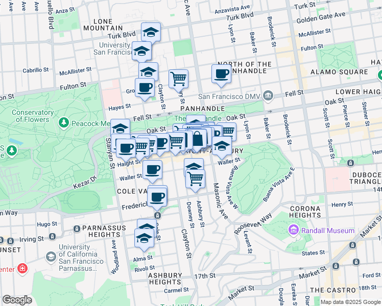 map of restaurants, bars, coffee shops, grocery stores, and more near 1465 Haight Street in San Francisco
