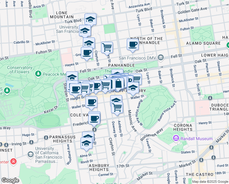 map of restaurants, bars, coffee shops, grocery stores, and more near Haight St & Ashbury St in San Francisco