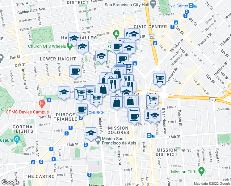 map of restaurants, bars, coffee shops, grocery stores, and more near 65 Guerrero Street in San Francisco