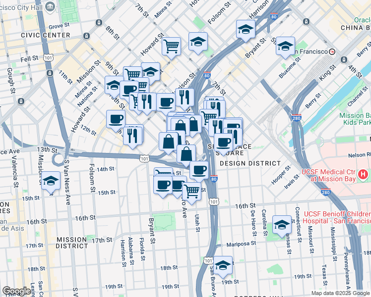 map of restaurants, bars, coffee shops, grocery stores, and more near 1000 Brannan Street in San Francisco