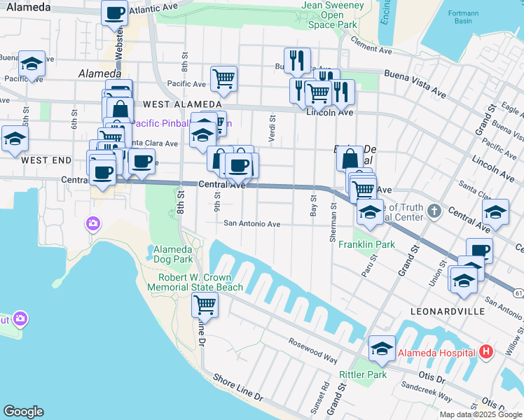 map of restaurants, bars, coffee shops, grocery stores, and more near 1318 Caroline Street in Alameda