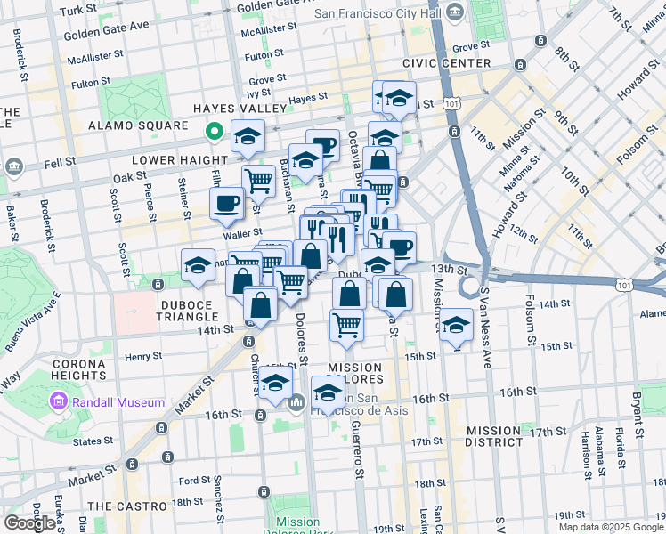 map of restaurants, bars, coffee shops, grocery stores, and more near in San Francisco