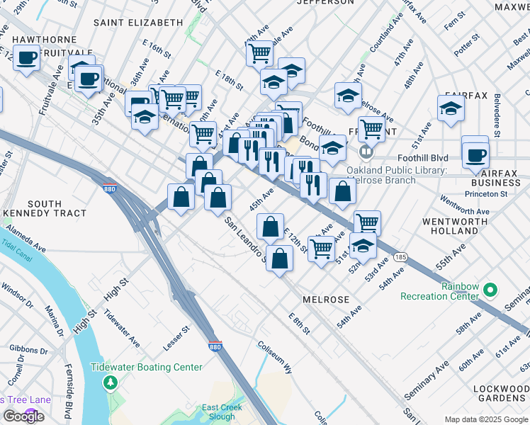 map of restaurants, bars, coffee shops, grocery stores, and more near 4517 East 12th Street in Oakland