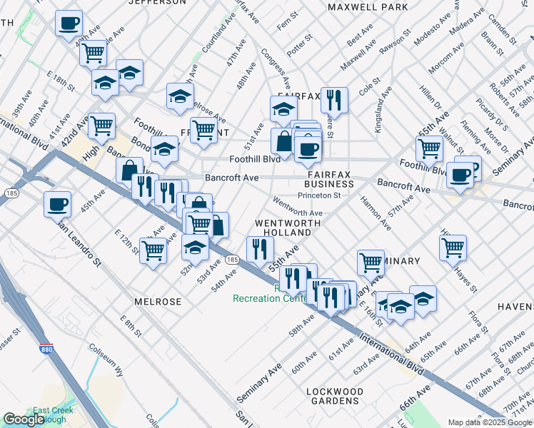 map of restaurants, bars, coffee shops, grocery stores, and more near 5411 Wadean Place in Oakland