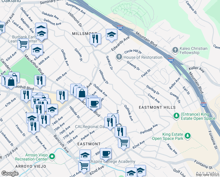 map of restaurants, bars, coffee shops, grocery stores, and more near 7543 Hillmont Drive in Oakland