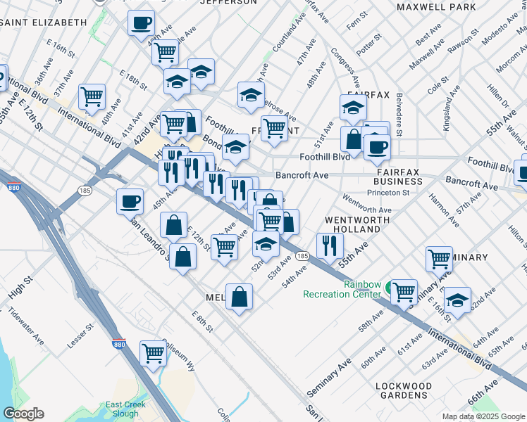 map of restaurants, bars, coffee shops, grocery stores, and more near 1428 50th Ave in Oakland