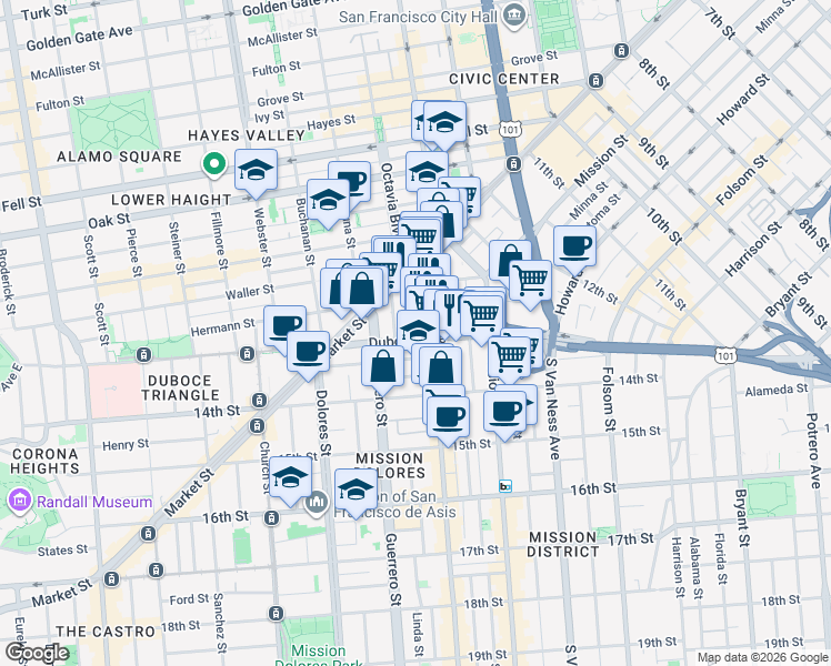 map of restaurants, bars, coffee shops, grocery stores, and more near 170 Valencia Street in San Francisco