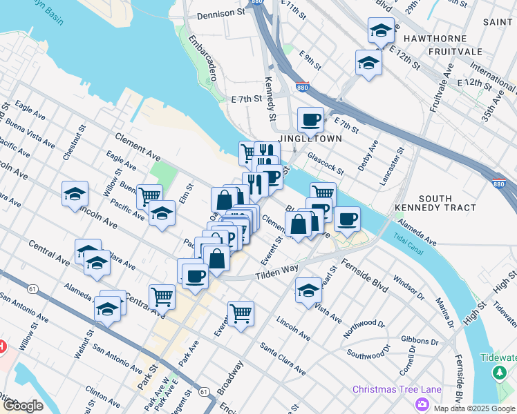 map of restaurants, bars, coffee shops, grocery stores, and more near 1909 Park Street in Alameda
