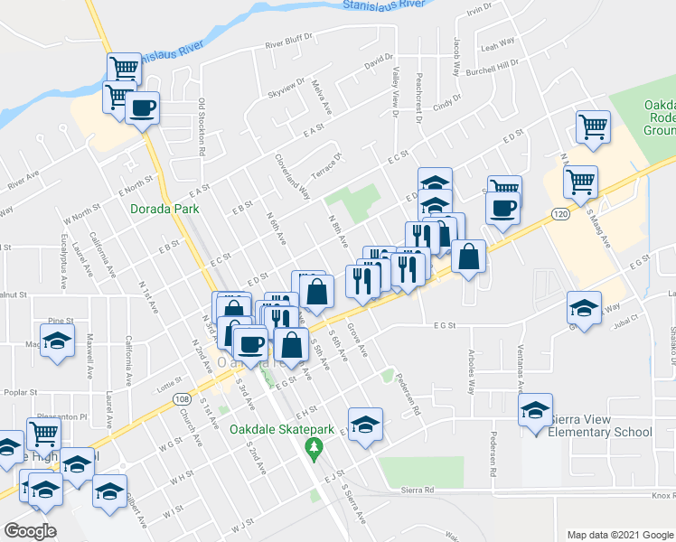 map of restaurants, bars, coffee shops, grocery stores, and more near 804 East E Street in Oakdale