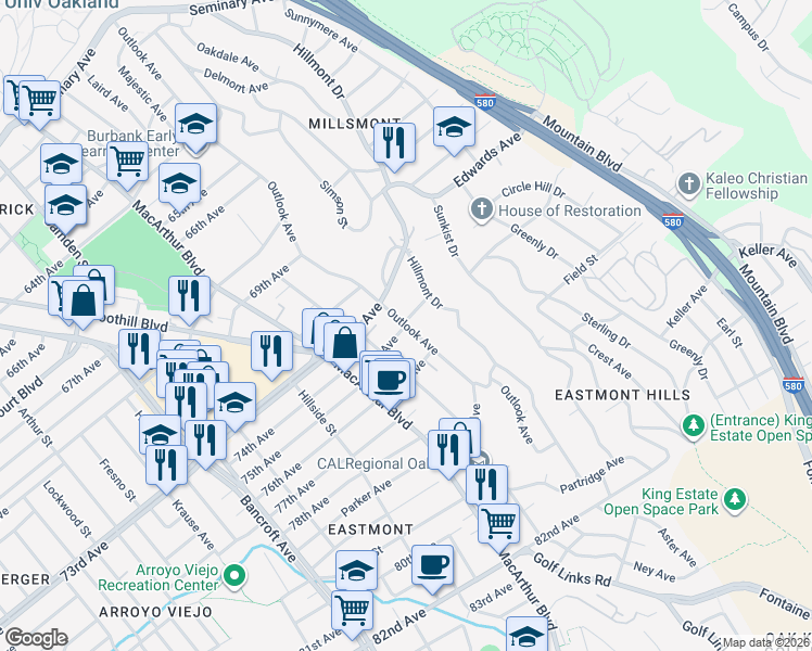 map of restaurants, bars, coffee shops, grocery stores, and more near Outlook Avenue & 75th Avenue in Oakland