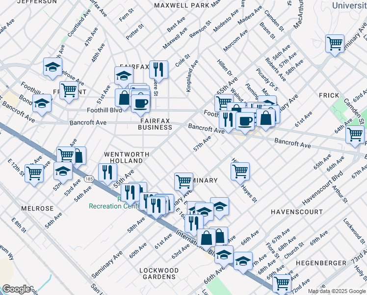 map of restaurants, bars, coffee shops, grocery stores, and more near 5612 Holway Street in Oakland