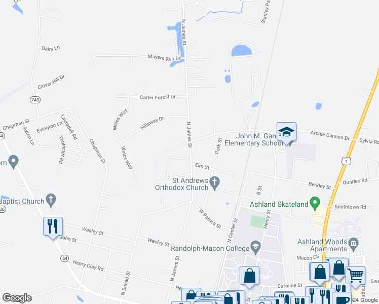map of restaurants, bars, coffee shops, grocery stores, and more near 524 North James Street in Ashland