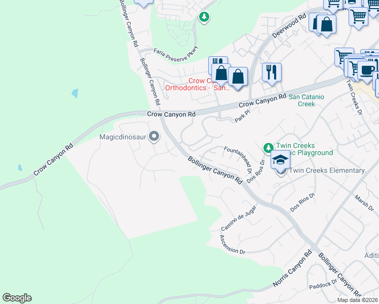 map of restaurants, bars, coffee shops, grocery stores, and more near 109 Enchanted Way in San Ramon