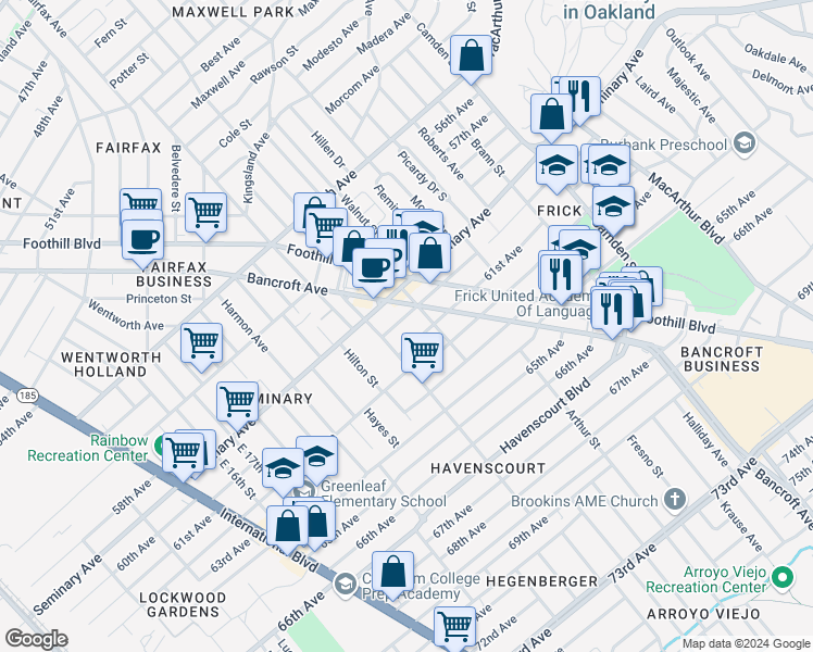 map of restaurants, bars, coffee shops, grocery stores, and more near 2500 60th Avenue in Oakland