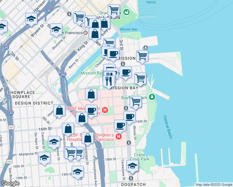 map of restaurants, bars, coffee shops, grocery stores, and more near 555 Mission Bay Boulevard South in San Francisco